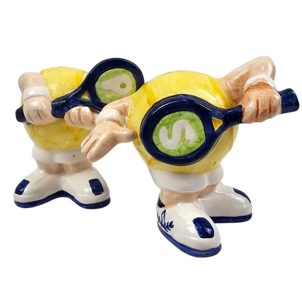 Vintage Anthropomorphic Tennis Ball Salt and Pepper Shakers Set Ceramic Novelty